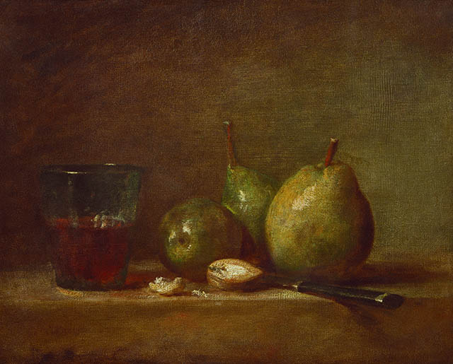 Poires, noix et verre de vin